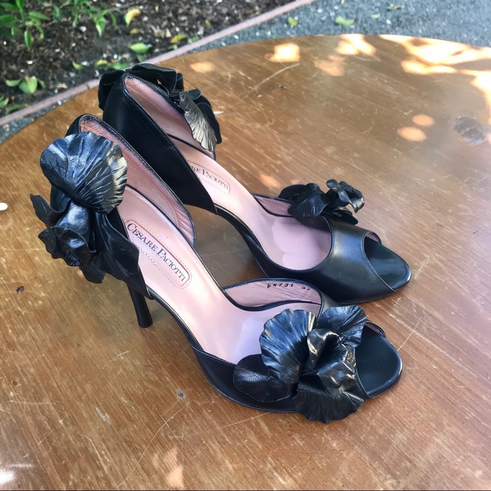 Black Cesare Paciotti D'Orsay Pump w/Flowers